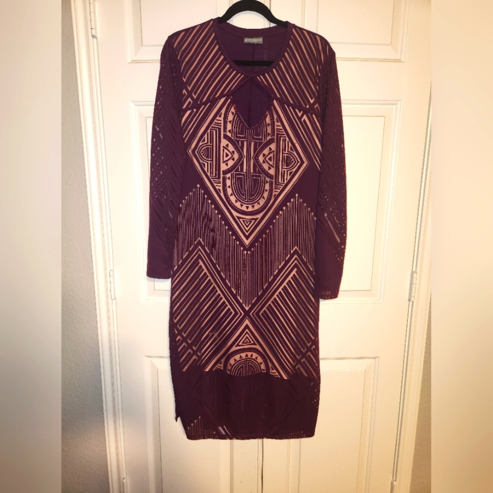 Wine burgundy bodycon Aztec sheer layered Long sleeve dress size xl